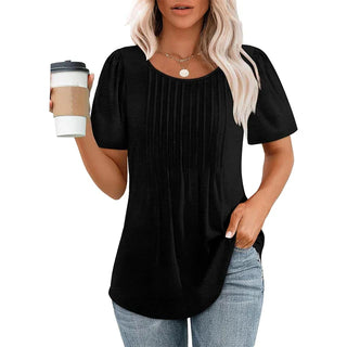 T-shirt d’été noir à manches courtes et encolure ronde, coupe ample avec fines nervures