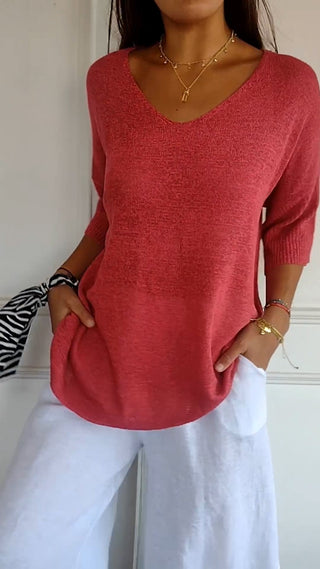 Blouse en maille légère rouge à encolure V, manches trois-quarts, coupe ample