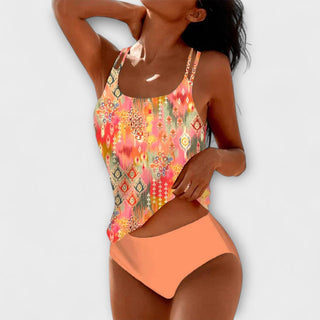 Ensemble de bikinis : top sans manches à motif coloré et bas de bikini orange