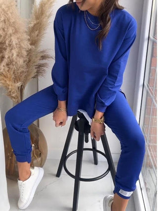 Ensemble sweat et pantalon décontracté bleu, col rond manches longues, étiquette