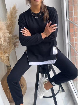 Ensemble sweat et pantalon décontracté noir, col rond manches longues, étiquette