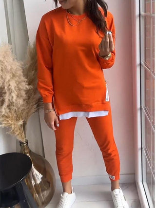 Ensemble sweat et pantalon décontracté orange, col rond manches longues, étiquette