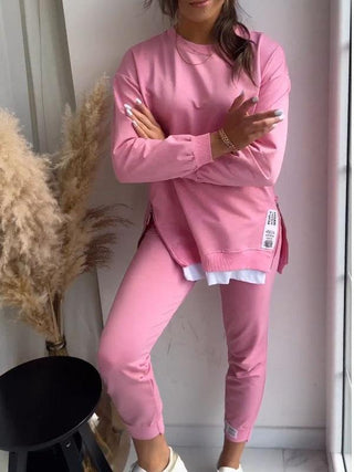 Ensemble sweat et pantalon décontracté rose, col rond manches longues, étiquette