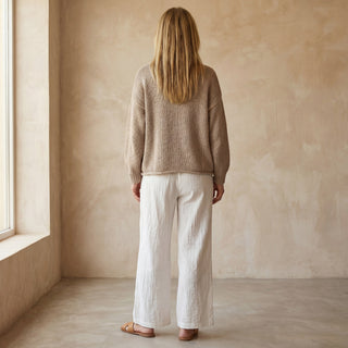 Cardigan bohème kaki, vue de dos, manches longues, coupe courte boutonnée