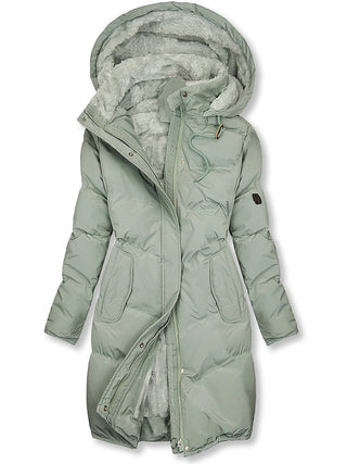 Manteau d’hiver long pour femme vert clair à capuche, fermeture boutonnée, doublure chaude