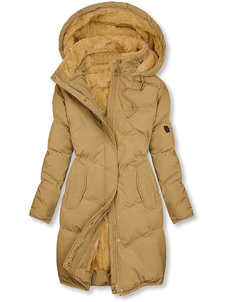 Manteau d’hiver long femme jaune moutarde à capuche, fermeture boutonnée, doublure chaude