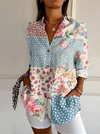 Chemise fluide à motifs floraux multicolores, encolure boutonnée, manches longues