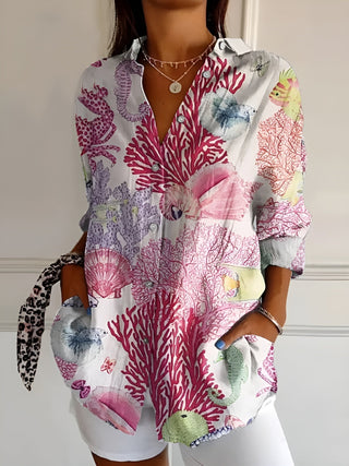 Chemise fluide multicolore à motifs corail, encolure boutonnée, manches longues