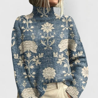 Pull en tricot bleu à col montant, imprimé floral beige, coupe ample manches longues