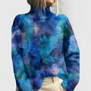 Pull en tricot bleu à col montant, imprimé abstrait tie-dye multicolore, coupe ample